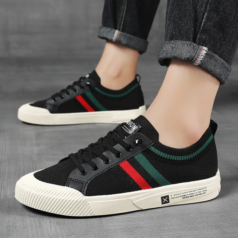 Black Men's Striped Knit Low-Top Sneakers — Hudson Lace-Up Casual Streetwear - Worn Lifestyle