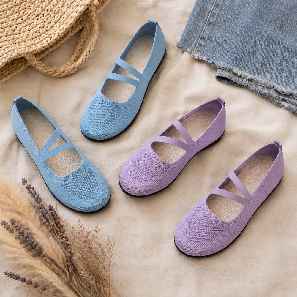 Multicolor Women's Double-Strap Mary Flats — Livia Everyday Round-Toe Ballet - Flat Lay Pairs