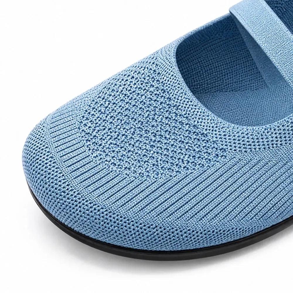 Sky Blue Women's Double-Strap Mary Flats — Livia Everyday Round-Toe Ballet - Close Up Toe Detail