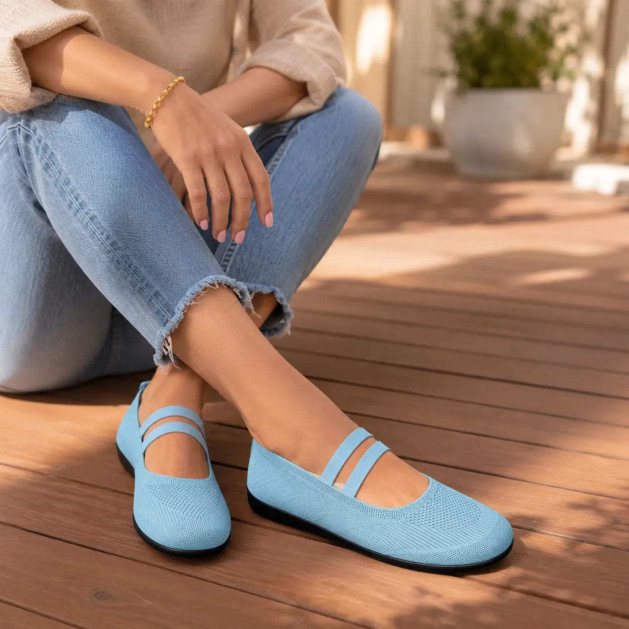 Sky Blue Women's Double-Strap Mary Flats — Livia Everyday Round-Toe Ballet - Seated Crossed Legs