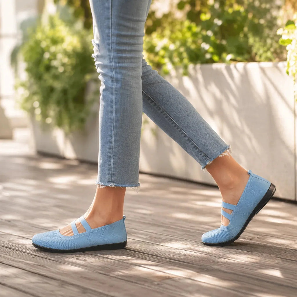 Sky Blue Women's Double-Strap Mary Flats — Livia Everyday Round-Toe Ballet - Side Walking Pose