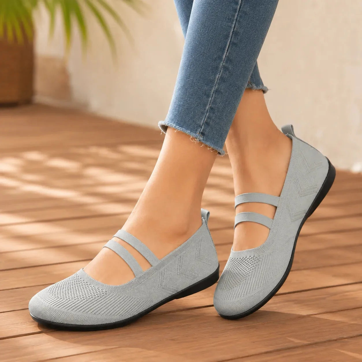 Sky Blue Women's Double-Strap Mary Flats — Livia Everyday Round-Toe Ballet - Worn Side Step