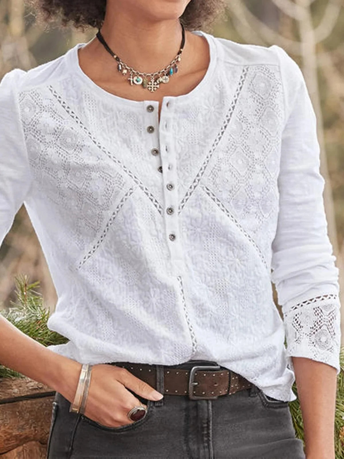 White Women's White Lace Long Sleeve Shirt — Melanie Relaxed Button-Front Boho - Close Up Front