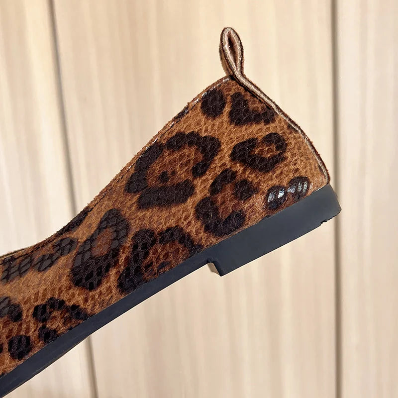 Dark Brown Women's Leopard Leather Ballet Flats — Rosabel Cushioned Square-Toe Slip-On - Heel Close Up