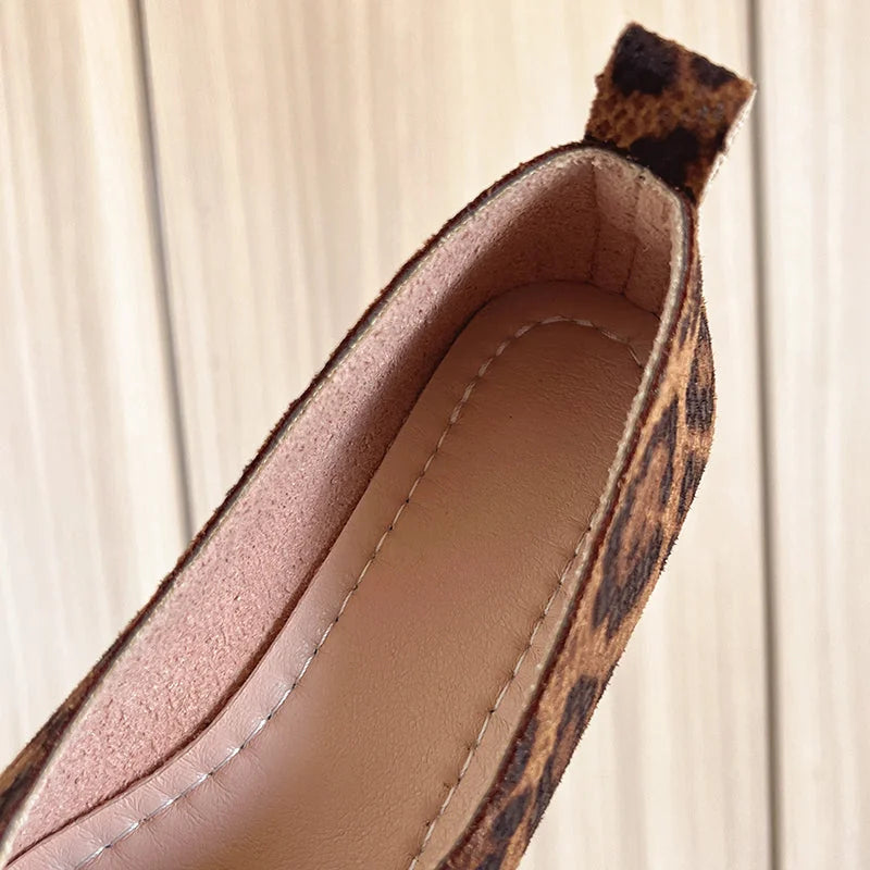 Dark Brown Women's Leopard Leather Ballet Flats — Rosabel Cushioned Square-Toe Slip-On - Interior Close Up
