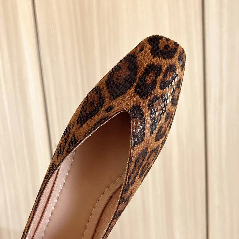 Dark Brown Women's Leopard Leather Ballet Flats — Rosabel Cushioned Square-Toe Slip-On - Toe Close Up