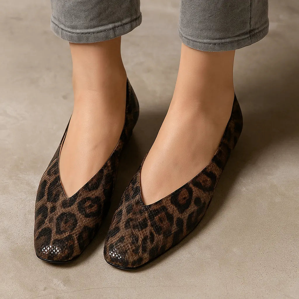 Dark Brown Women's Leopard Leather Ballet Flats — Rosabel Cushioned Square-Toe Slip-On - Worn Front Full