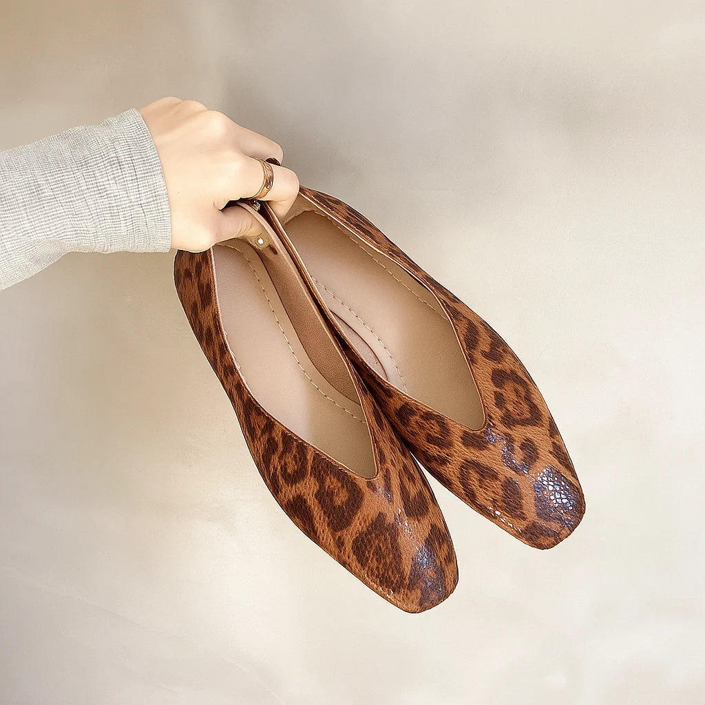 Light Brown Brown Women's Leopard Leather Ballet Flats — Rosabel Cushioned Square-Toe Slip-On - Hand Holding Pair Alt