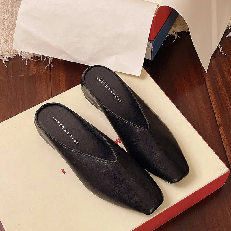 Black Women's Square-Toe Leather Ballet Flats — Vivienne Leather V-Cut Slip-On - Flat Lay Box