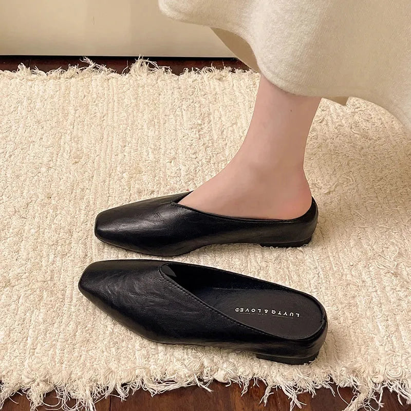 Black Women's Square-Toe Leather Ballet Flats — Vivienne Leather V-Cut Slip-On - Worn On Foot