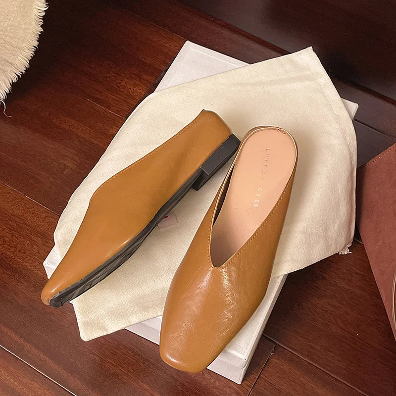 Brown Women's Square-Toe Leather Ballet Flats — Vivienne Leather V-Cut Slip-On - Flat Lay Pair