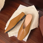 Brown Women's Square-Toe Leather Ballet Flats — Vivienne Leather V-Cut Slip-On - Flat Lay Pair