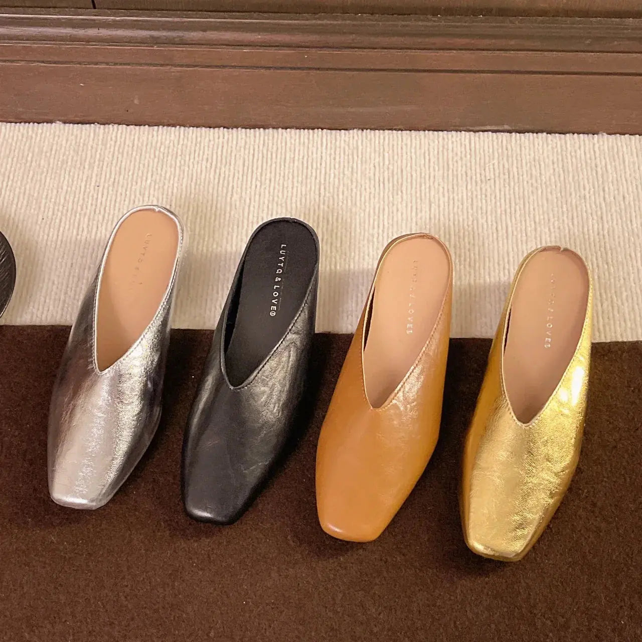 Multi Color Women's Square-Toe Leather Ballet Flats — Vivienne Leather V-Cut Slip-On - Color Lineup