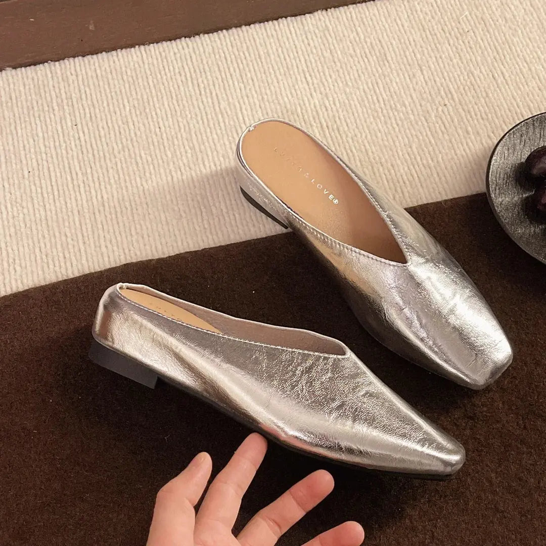 Silver Women's Square-Toe Leather Ballet Flats — Vivienne Leather V-Cut Slip-On - Flat Lay Hand