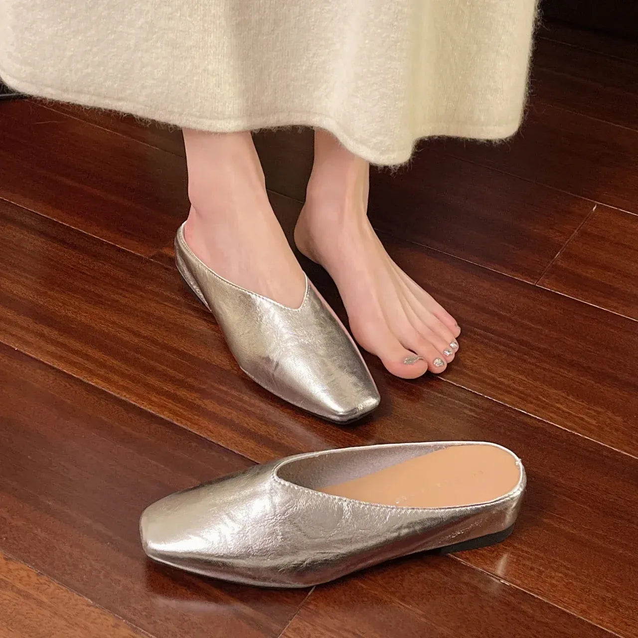 Silver Women's Square-Toe Leather Ballet Flats — Vivienne Leather V-Cut Slip-On - Worn On Foot Side