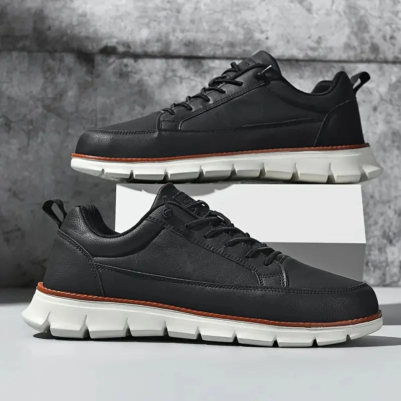 Black Men's Casual Leather Sneakers — Esther Smooth-Grain Lace-Up Low-Top - Pair On Box