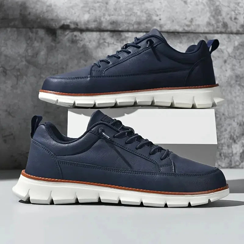 Blue Men's Casual Leather Sneakers — Esther Smooth-Grain Lace-Up Low-Top - Pair On Box Navy