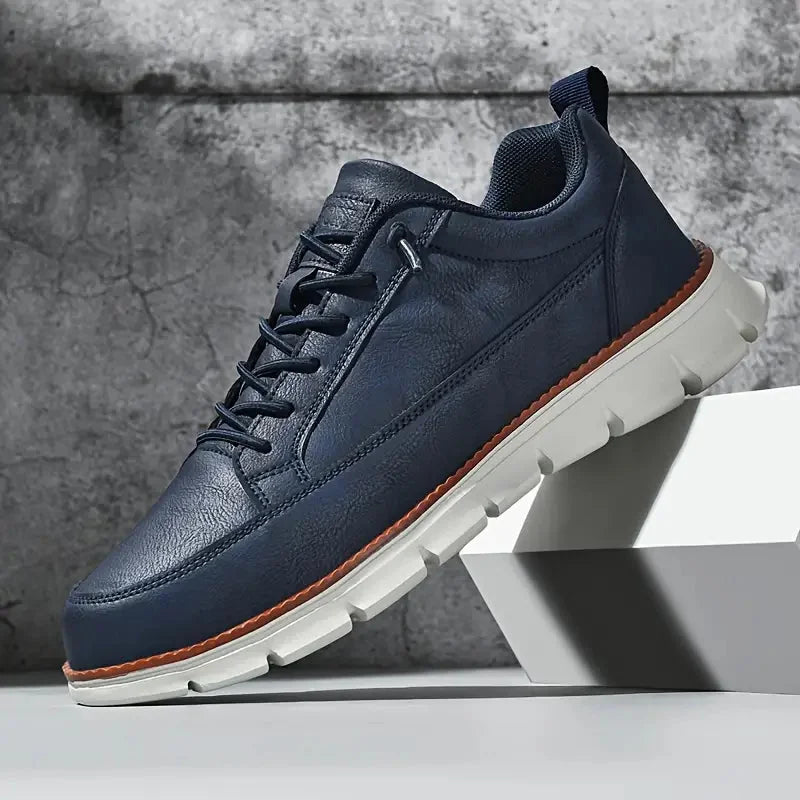 Blue Men's Casual Leather Sneakers — Esther Smooth-Grain Lace-Up Low-Top - Side Profile