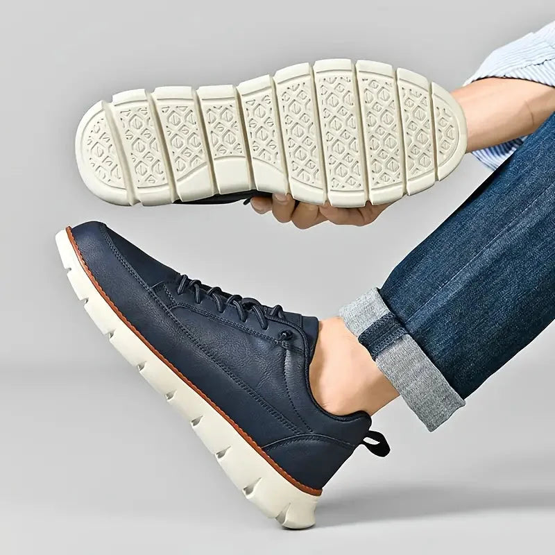 Blue Men's Casual Leather Sneakers — Esther Smooth-Grain Lace-Up Low-Top - Sole Detail Worn