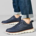 Blue Men's Casual Leather Sneakers — Esther Smooth-Grain Lace-Up Low-Top - Worn Lifestyle Jeans