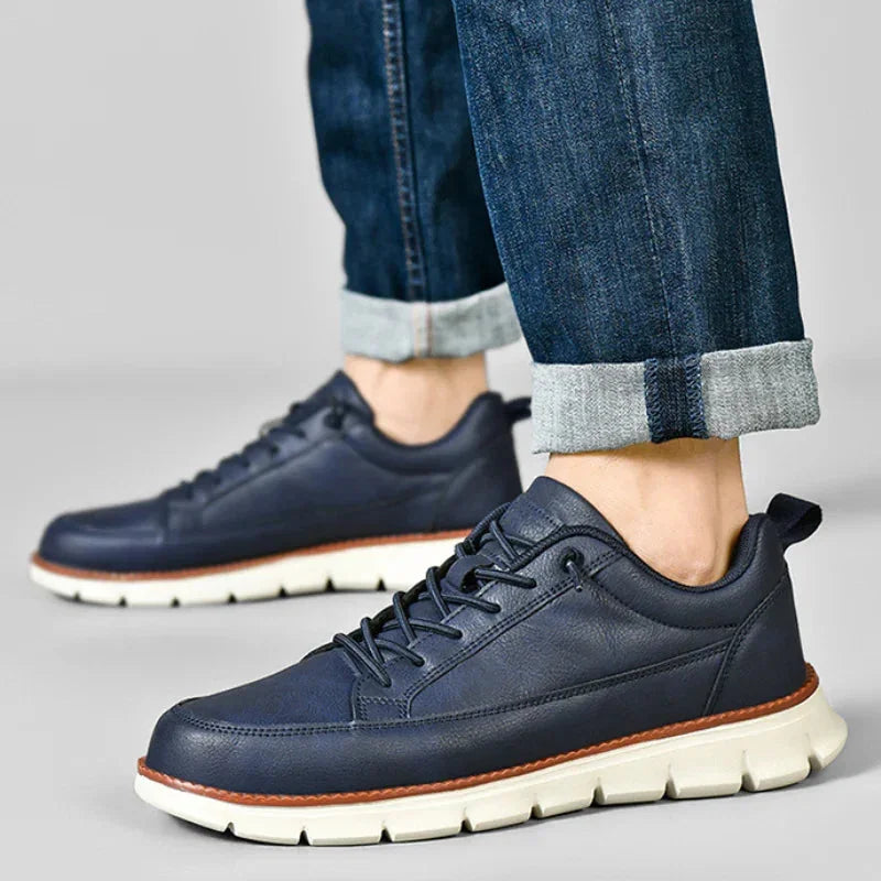 Blue Men's Casual Leather Sneakers — Esther Smooth-Grain Lace-Up Low-Top - Worn Lifestyle Jeans