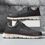 Charcoal Men's Casual Leather Sneakers — Esther Smooth-Grain Lace-Up Low-Top - Pair On Box