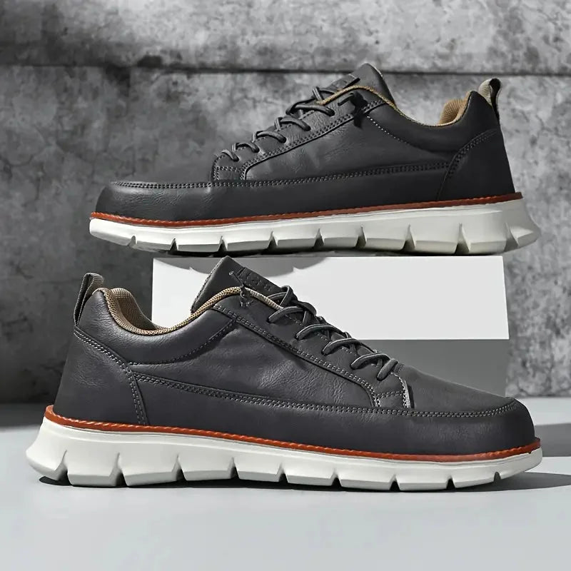 Charcoal Men's Casual Leather Sneakers — Esther Smooth-Grain Lace-Up Low-Top - Pair On Box