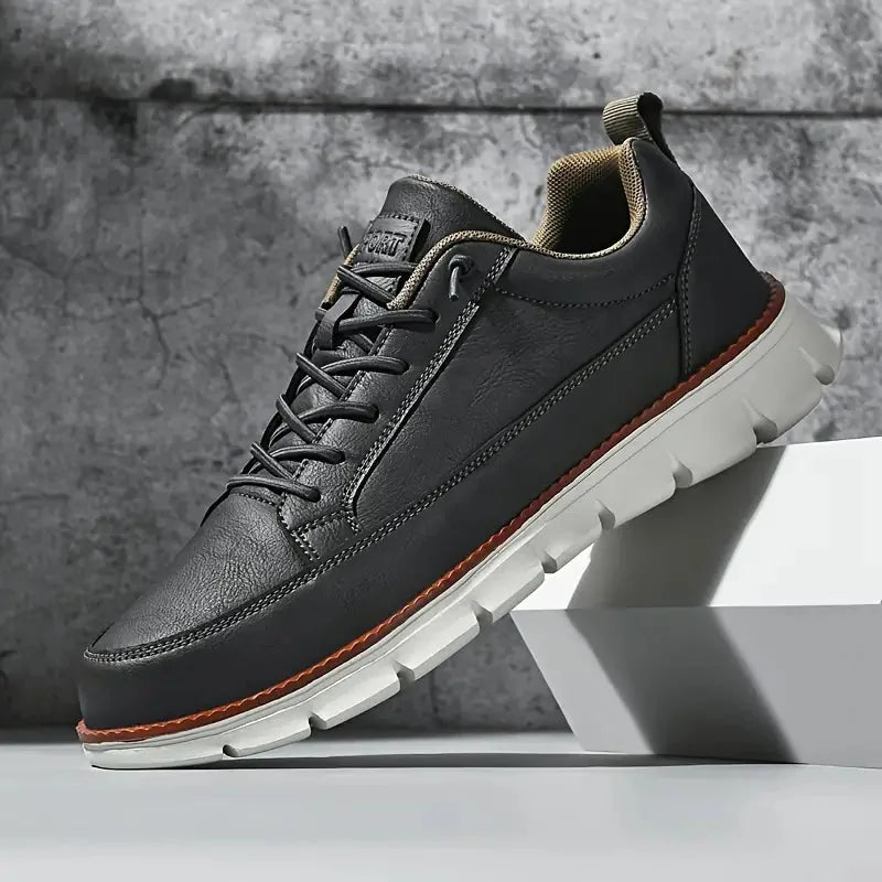 Charcoal Men's Casual Leather Sneakers — Esther Smooth-Grain Lace-Up Low-Top - Side Profile