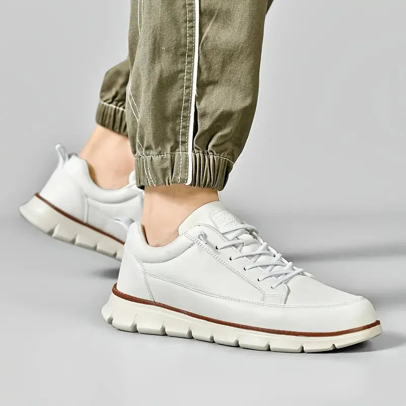 White Men's Casual Leather Sneakers — Esther Smooth-Grain Lace-Up Low-Top - Worn Lifestyle Cropped Pants