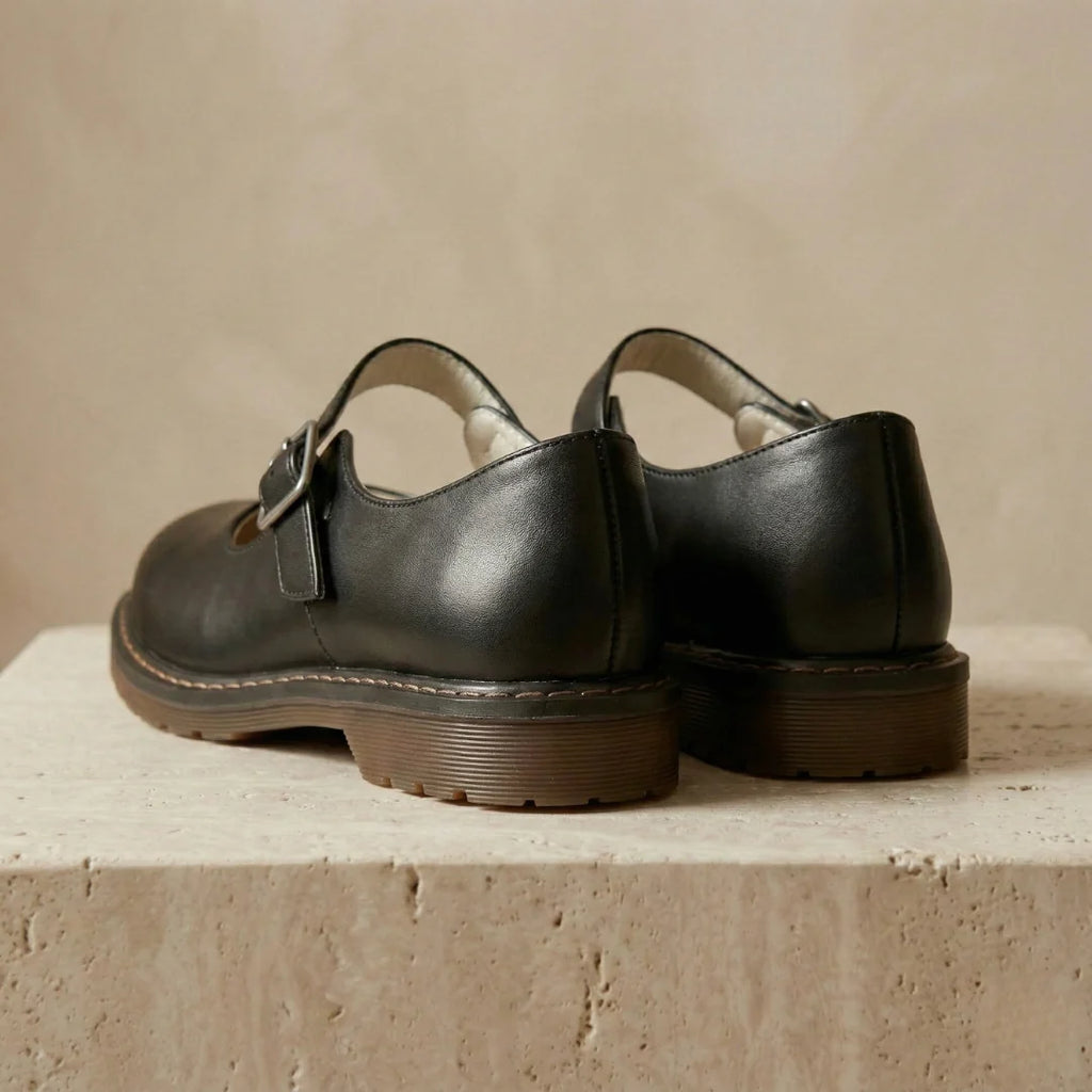 Black Women's Leather Mary Janes — Fiona Buckle Strap Round Toe Flat - Back Detail