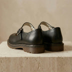 Black Women's Leather Mary Janes — Fiona Buckle Strap Round Toe Flat - Back Detail
