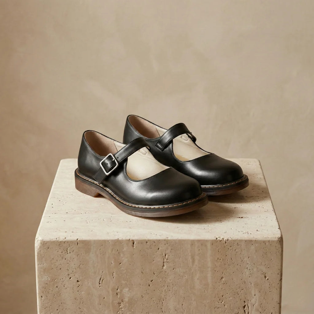 Black Women's Leather Mary Janes — Fiona Buckle Strap Round Toe Flat - Front Full Pair