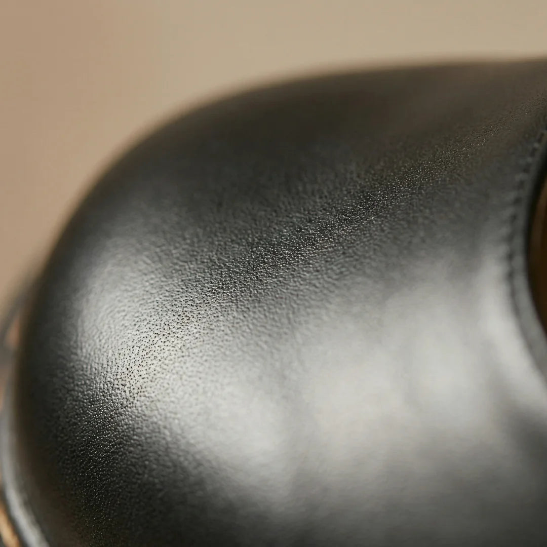 Black Women's Leather Mary Janes — Fiona Buckle Strap Round Toe Flat - Leather Texture Close Up