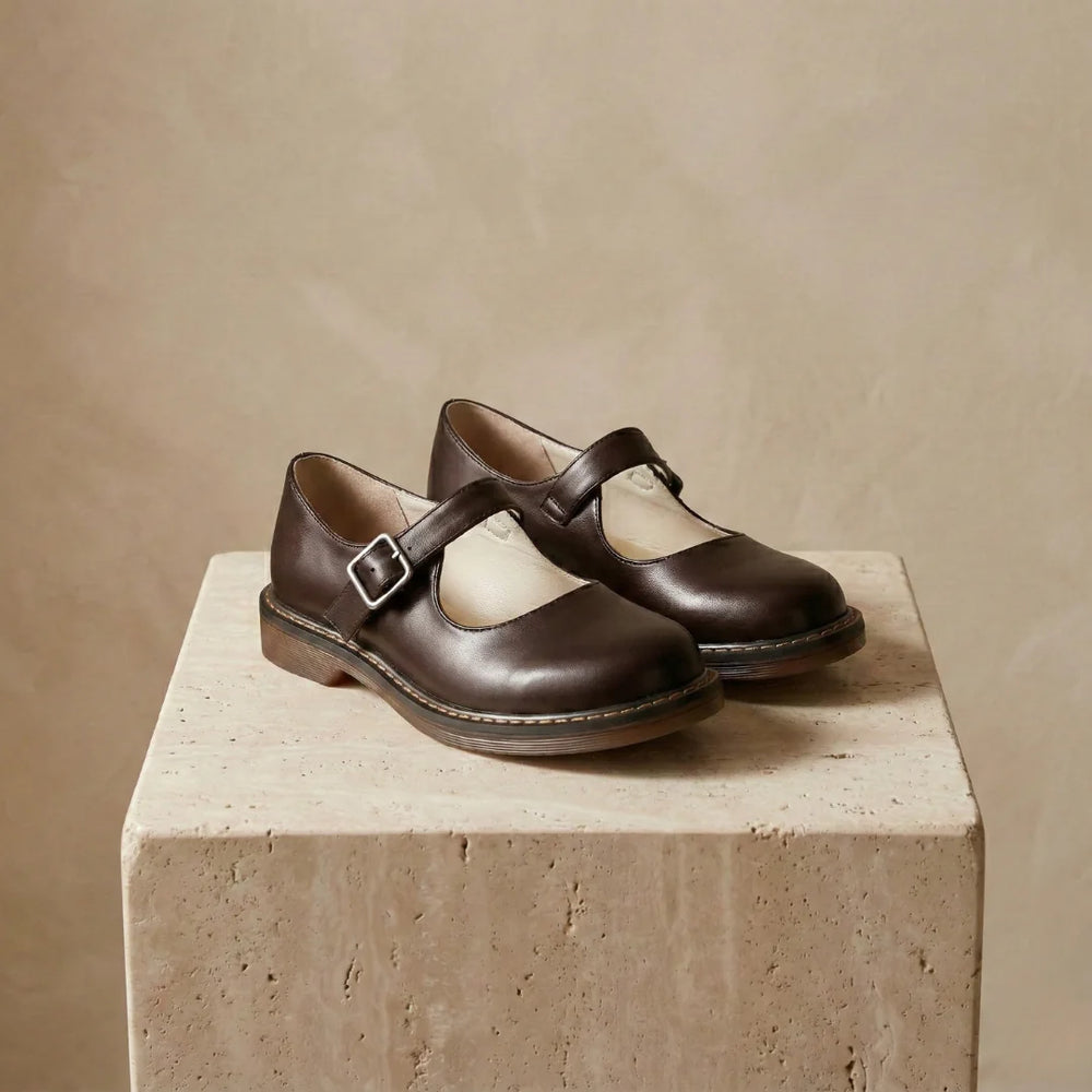 Brown Women's Leather Mary Janes — Fiona Buckle Strap Round Toe Flat - Front Full