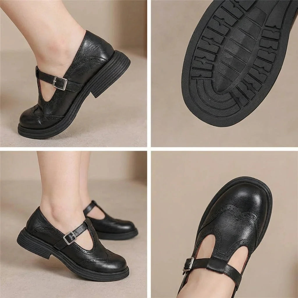 Black Women's Leather Mary Janes — Ariana Cushioned Vintage T-Strap Buckle - Detail Collage