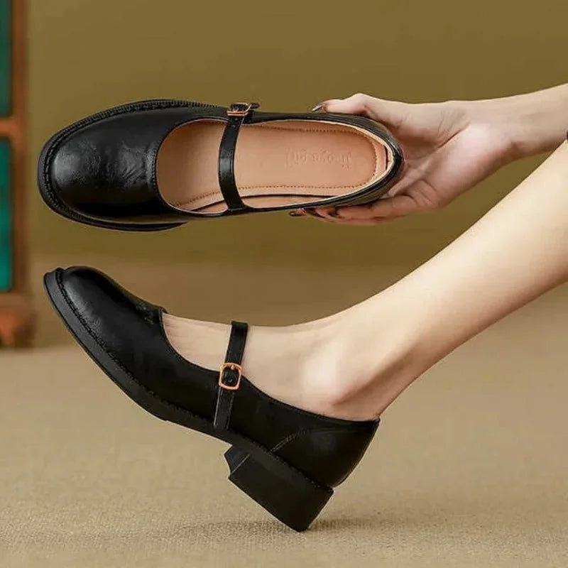 Black Women's Leather Mary Janes — Nia Buckle-Strap Round-Toe Block Heel - Hand Hold Detail