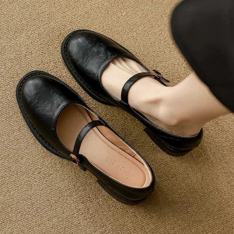 Black Women's Leather Mary Janes — Nia Buckle-Strap Round-Toe Block Heel - Overhead Worn