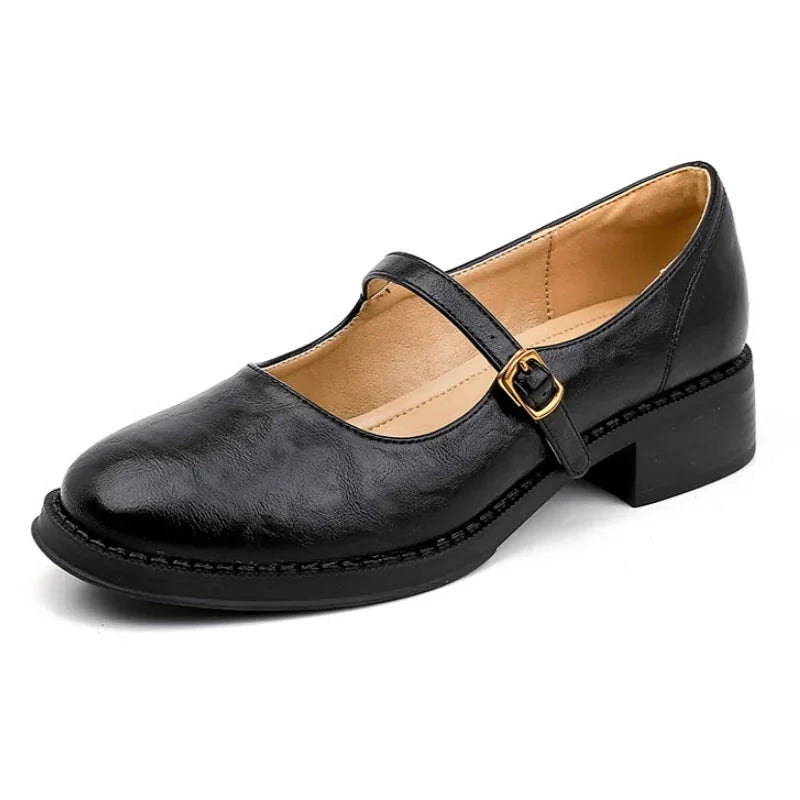 Black Women's Leather Mary Janes — Nia Buckle-Strap Round-Toe Block Heel - Studio Product Shot