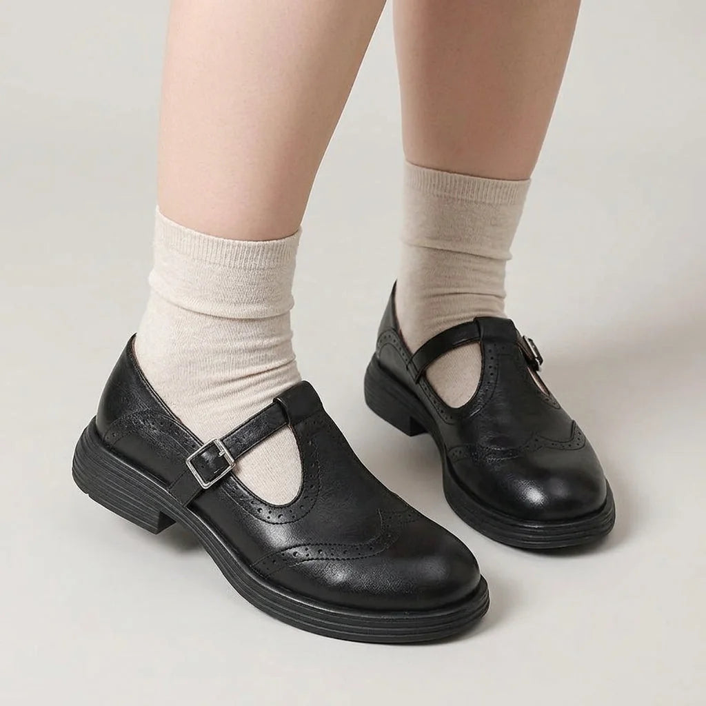 Black Women's Leather Mary Janes — Ariana Cushioned Vintage T-Strap Buckle - Worn With Socks