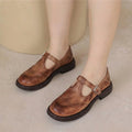 Brown Women's Leather Mary Janes — Ariana Cushioned Vintage T-Strap Buckle - Front Full
