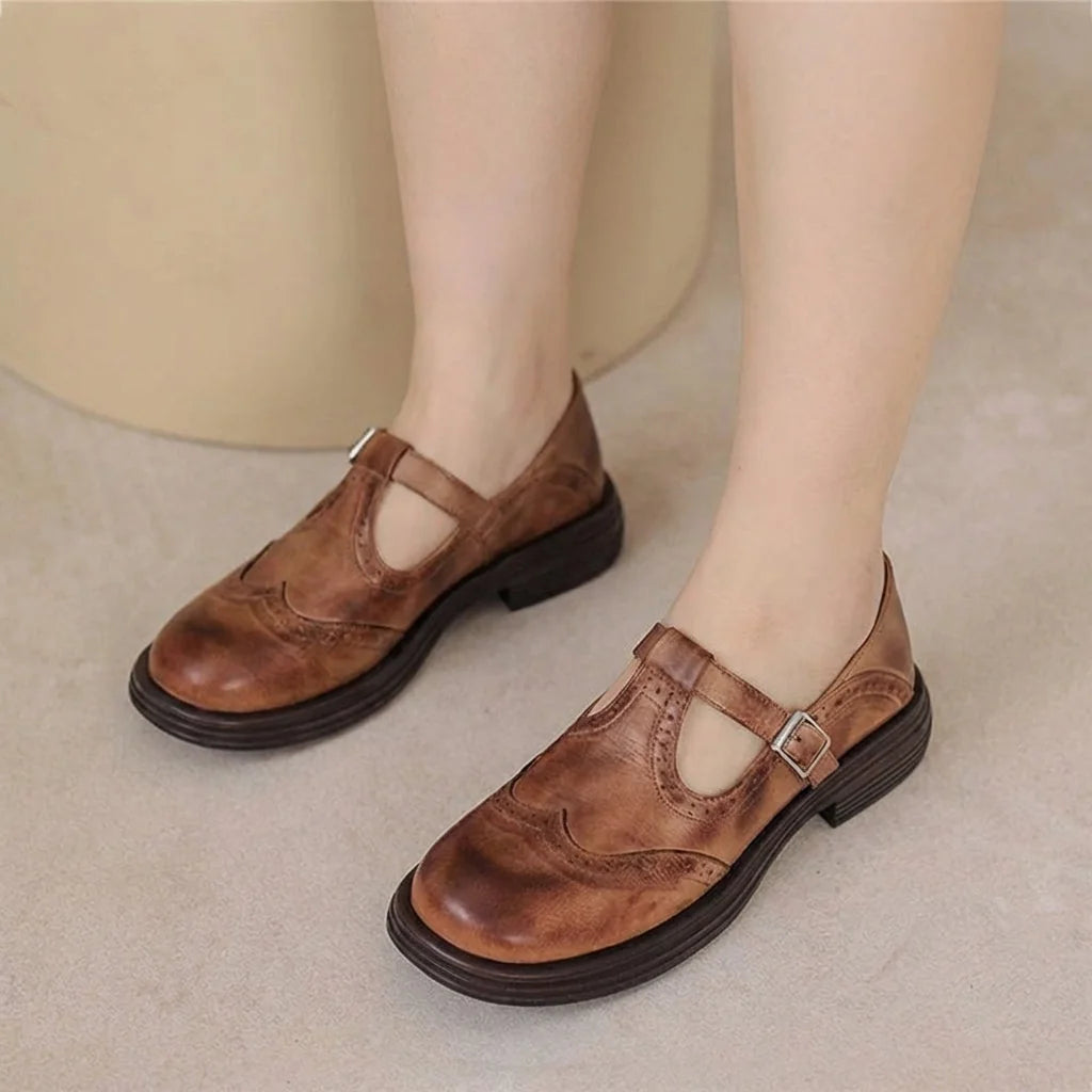 Brown Women's Leather Mary Janes — Ariana Cushioned Vintage T-Strap Buckle - Front Full