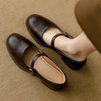 Brown Women's Leather Mary Janes — Nia Buckle-Strap Round-Toe Block Heel - Overhead Flatlay