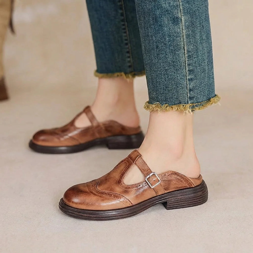 Brown Women's Leather Mary Janes — Ariana Cushioned Vintage T-Strap Buckle - Side Pose