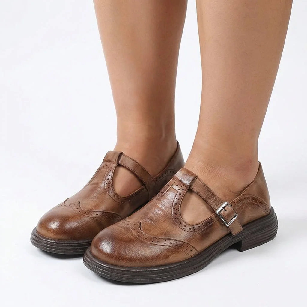 Brown Women's Leather Mary Janes — Ariana Cushioned Vintage T-Strap Buckle - Studio Front