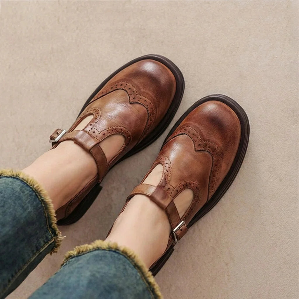Brown Women's Leather Mary Janes — Ariana Cushioned Vintage T-Strap Buckle - Top Down