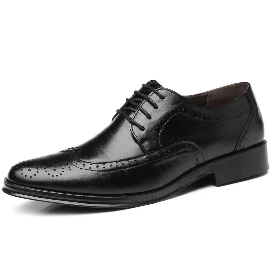 Black Men's Pointed Toe Oxford Shoes — Asher Lace-Up Brogue Leather - Angled View Single