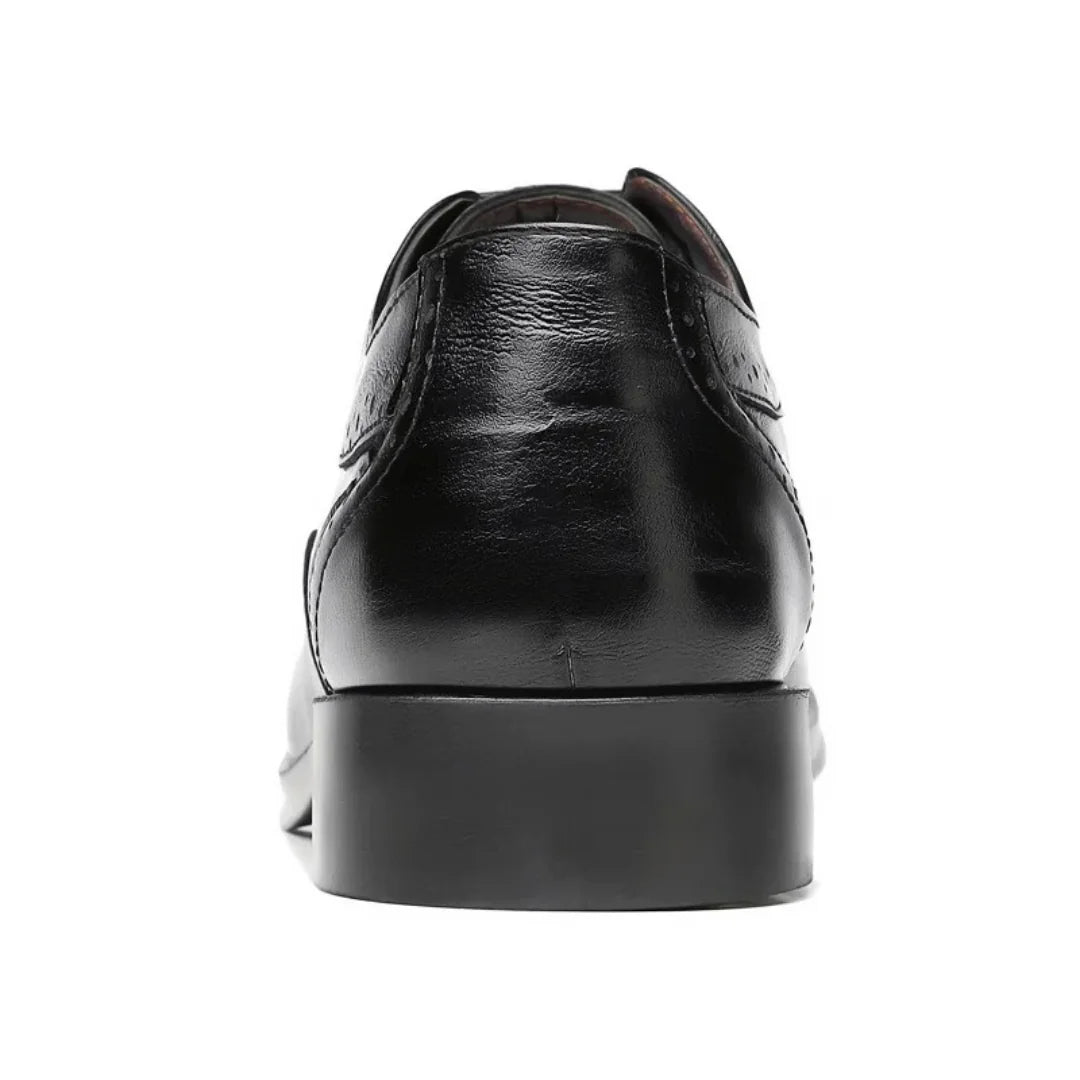 Black Men's Pointed Toe Oxford Shoes — Asher Lace-Up Brogue Leather - Back Heel Detail
