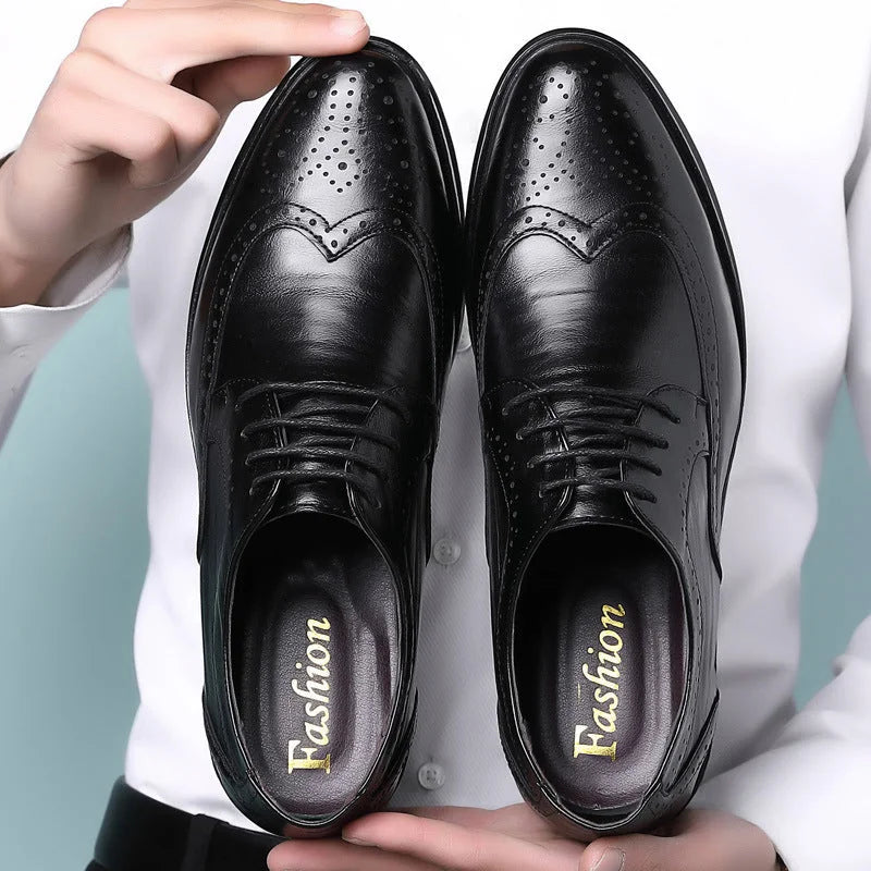 Black Men's Pointed Toe Oxford Shoes — Asher Lace-Up Brogue Leather - Hand Held Pair