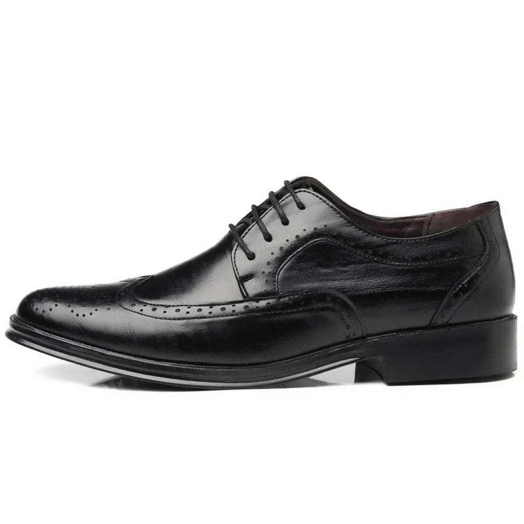 Black Men's Pointed Toe Oxford Shoes — Asher Lace-Up Brogue Leather - Side Profile Single