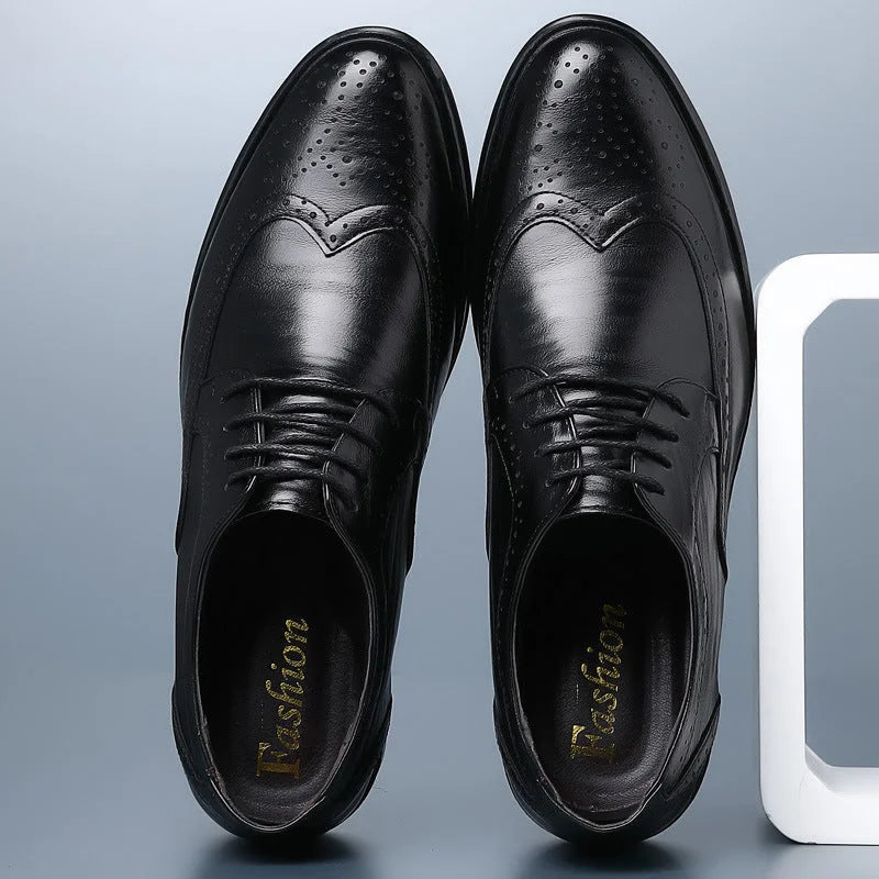 Black Men's Pointed Toe Oxford Shoes — Asher Lace-Up Brogue Leather - Top Down Pair